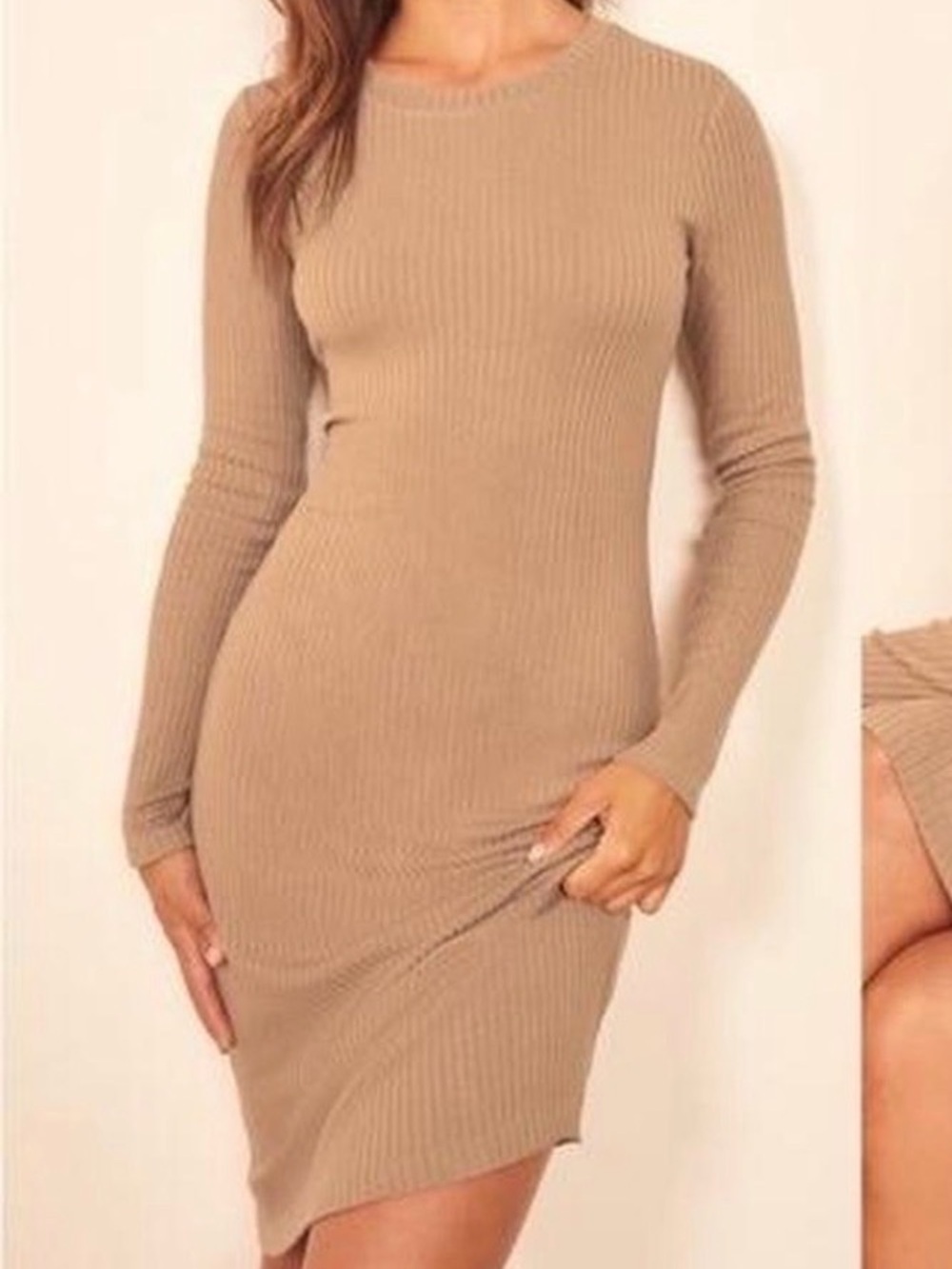 Reformation Ribbed Long-Sleeve Midi Dress in Taupe -S